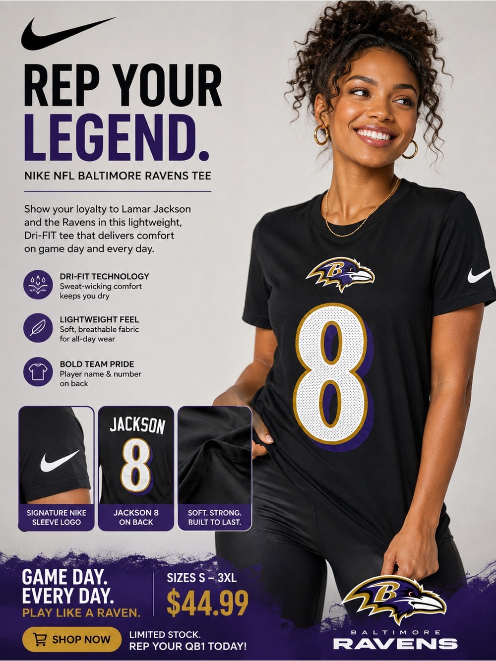 Nike Baltimore Ravens Lamar Jackson #8 Black Tee